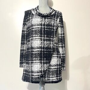 Papa Vancouver Black and White Plaid Cowl Neck Tunic Top Dress Textured Lined M